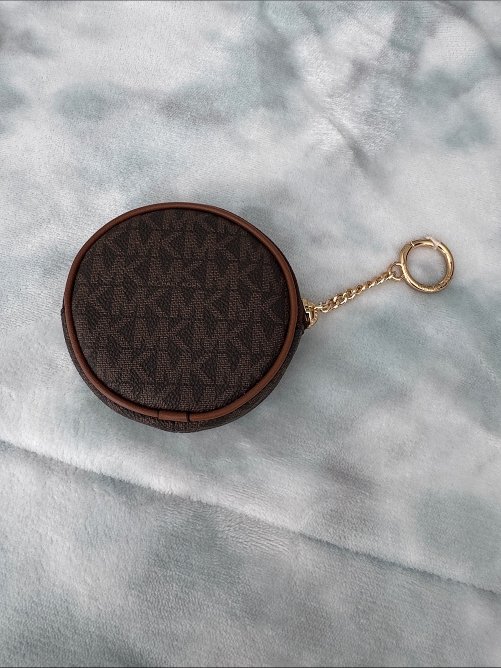 Michael Kors Brown Monogram Round Coin Pouch with Gold Chain